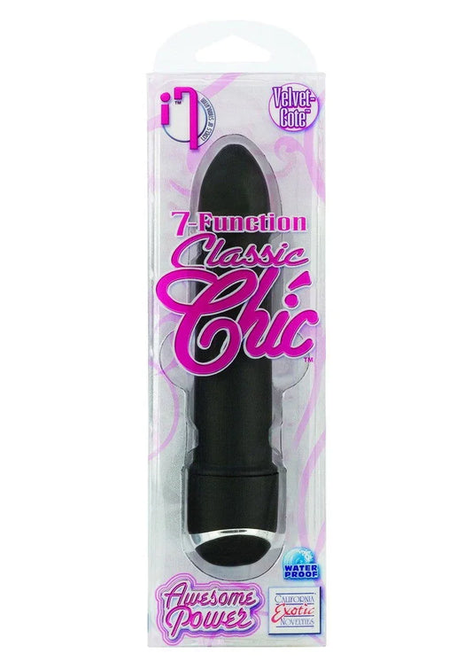 7-function Classic Chic black mini vibrator in retail packaging, waterproof, Velvet Cote finish