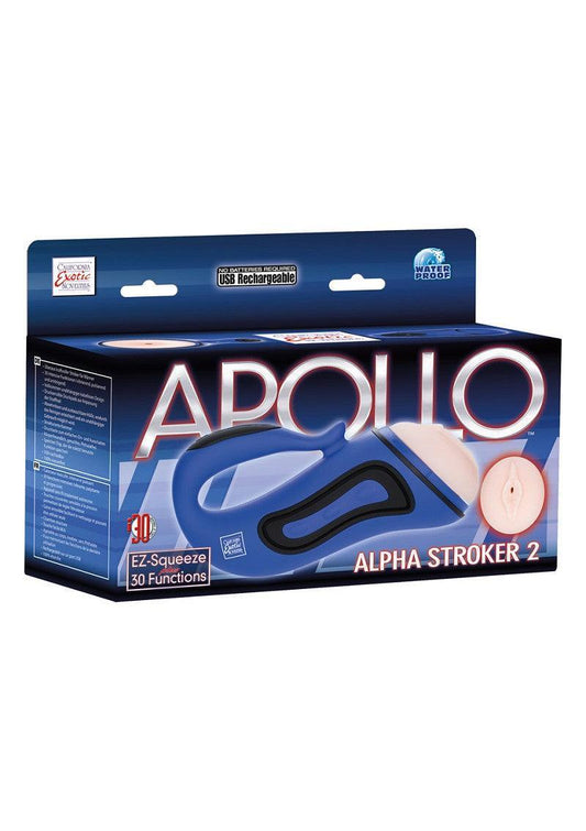 Apollo Alpha Stroker 2 USB rechargeable waterproof masturbator in blue retail box