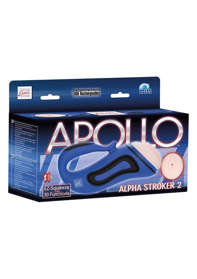 Blue Apollo Alpha Stroker 2 male masturbator packaging with USB rechargeable and waterproof features