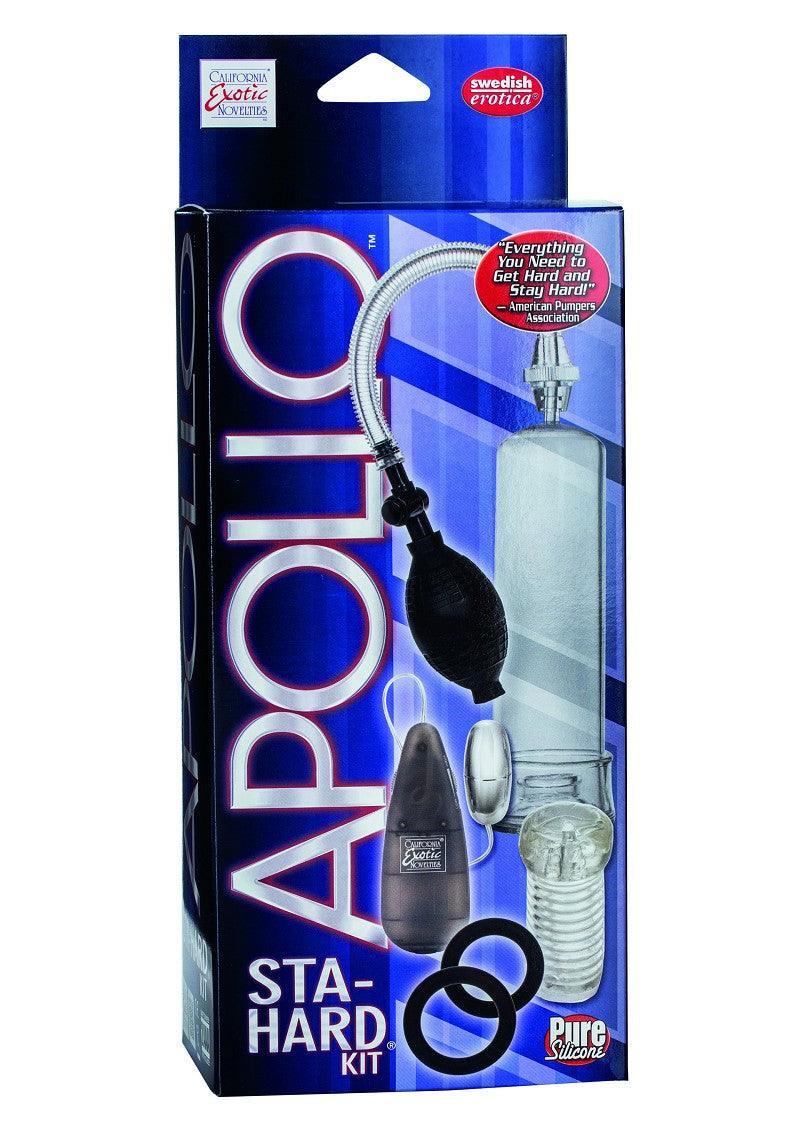 CalExotics Apollo Sta-Hard Kit with clear pump, black hand bulb, cock rings, and silicone sleeve, blue box