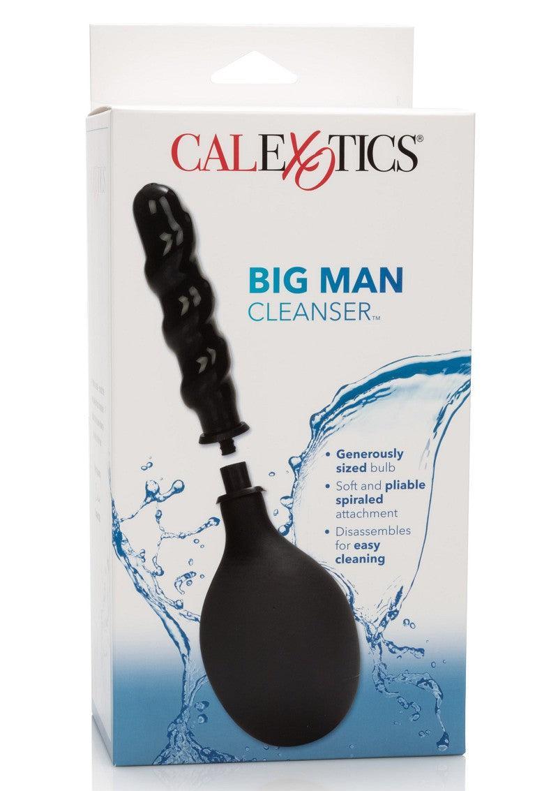 CalExotics Big Man Cleanser black anal douche with spiral attachment and large bulb on white box