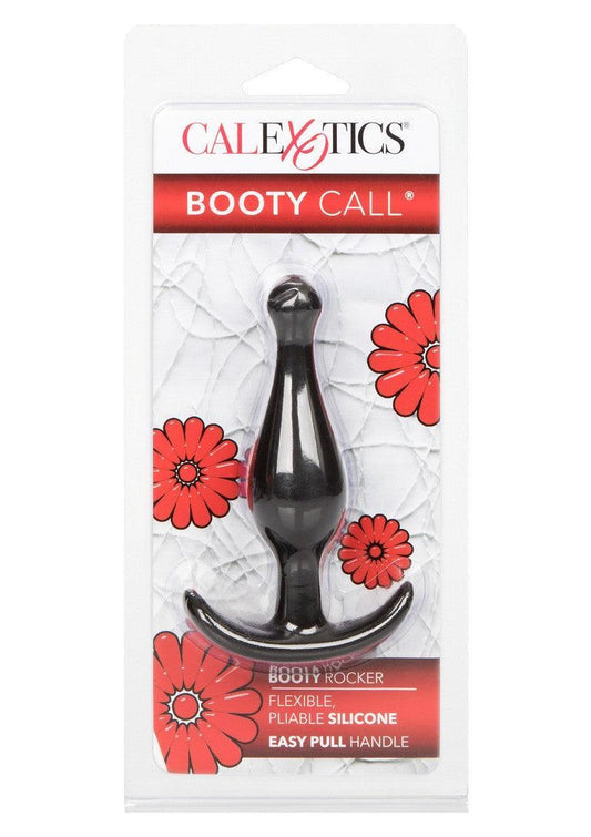 CalExotics Booty Call Booty Rocker black silicone anal plug in retail packaging with floral design