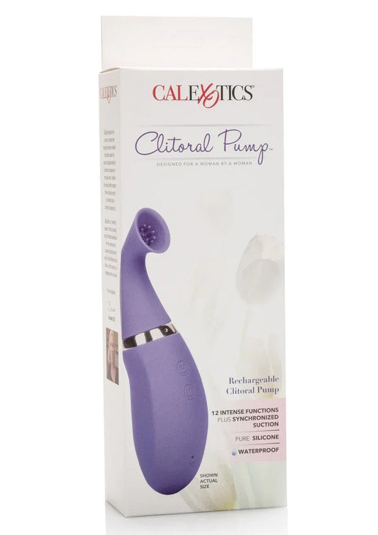 CalExotics rechargeable purple clitoral pump with 12 functions, pure silicone, waterproof in white packaging