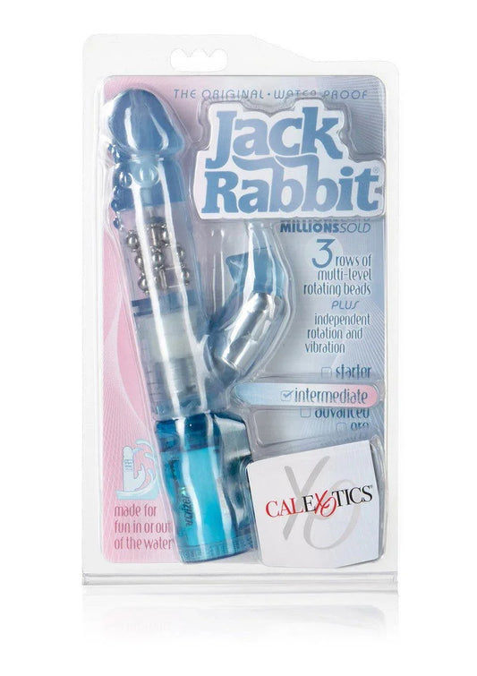 CalExotics Jack Rabbit waterproof vibrator in blue packaging with rotating beads and rabbit ears
