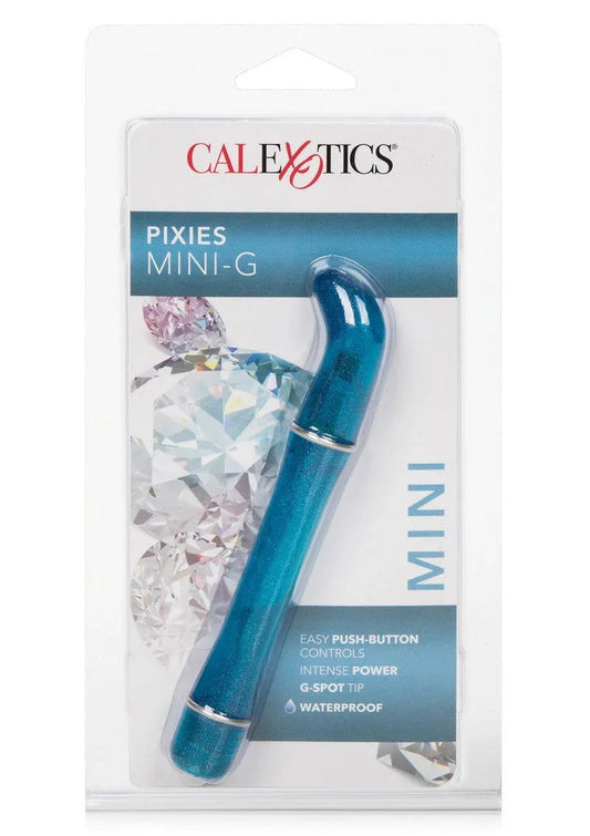 CalExotics Pixies Mini-G blue G-spot vibrator in retail packaging with diamond graphics
