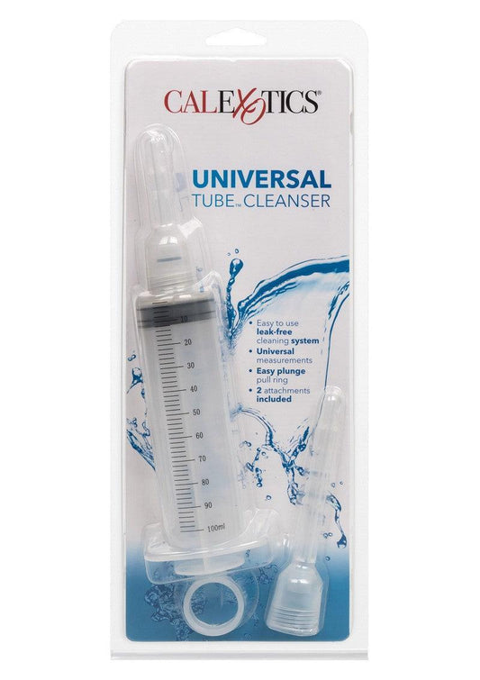 CalExotics Universal Tube Cleanser in clear packaging with 100ml syringe and two attachments for leak-free cleaning