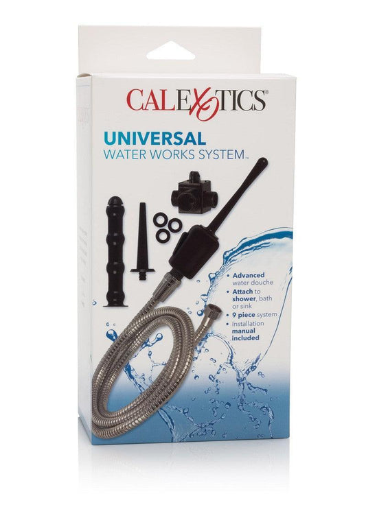 CalExotics Universal Water Works System box with black doucbe attachments and metal hose on white background