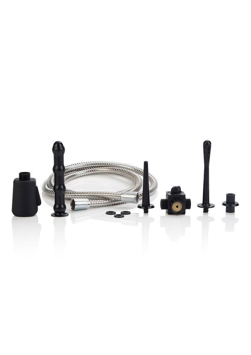 Universal water works anal douche kit with hose, black nozzles, and valve on white background