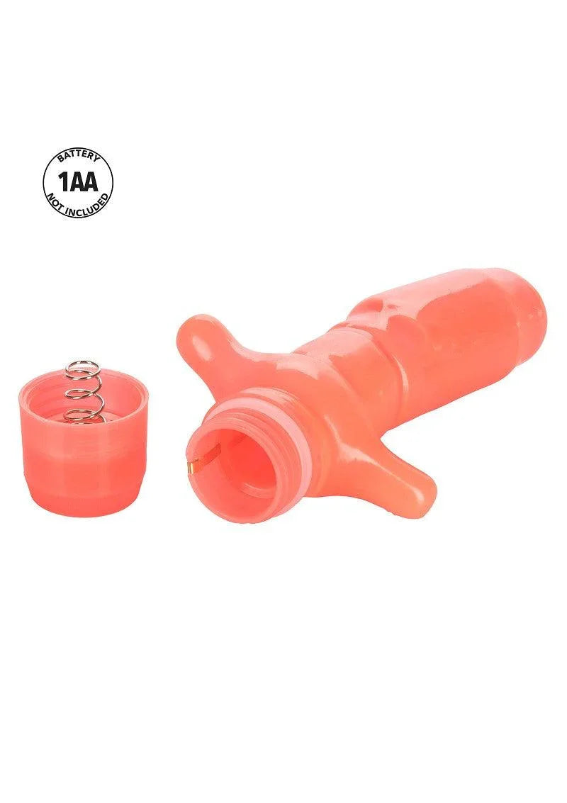 coral pink vibrating anal probe with removable battery cap and 1AA battery note