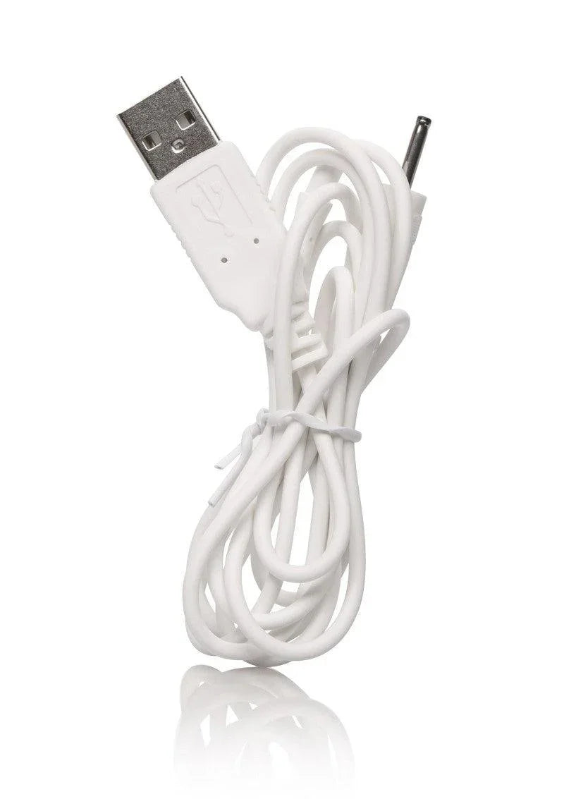 White USB charging cable with standard USB-A connector and round pin adapter, coiled neatly