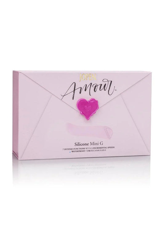 Jopen Amour Silicone Mini G vibrator pink box with heart seal, product packaging.