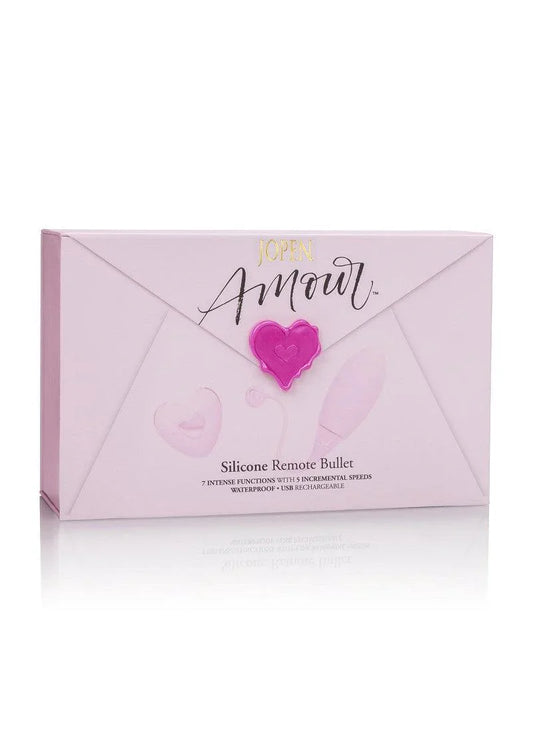Jopen Amour Silicone Remote Bullet pink box, heart-shaped seal, sex toy packaging