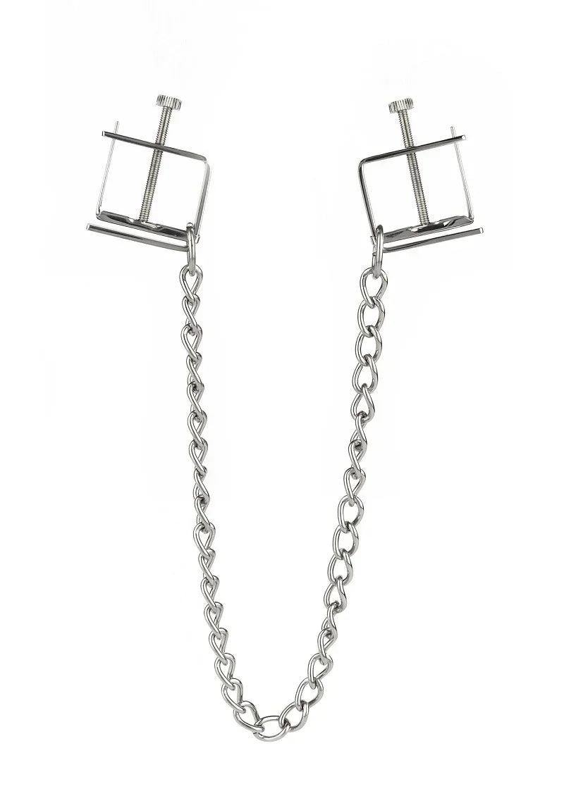 Bestel: Press Nipple Clamps With Chain by Mr. Steel - bij Happytoys.nl, happytoys.be, Happytoys.ae: erotische sex webshop | liever Happy dan Easy ⭐⭐⭐⭐⭐