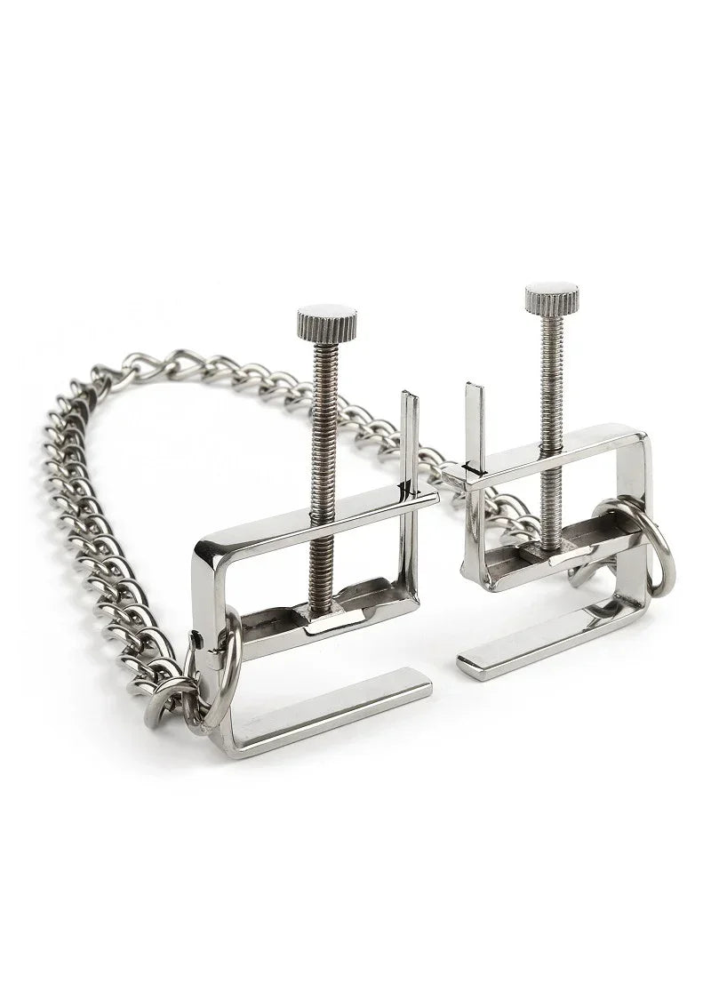 Bestel: Press Nipple Clamps With Chain by Mr. Steel - bij Happytoys.nl, happytoys.be, Happytoys.ae: erotische sex webshop | liever Happy dan Easy ⭐⭐⭐⭐⭐
