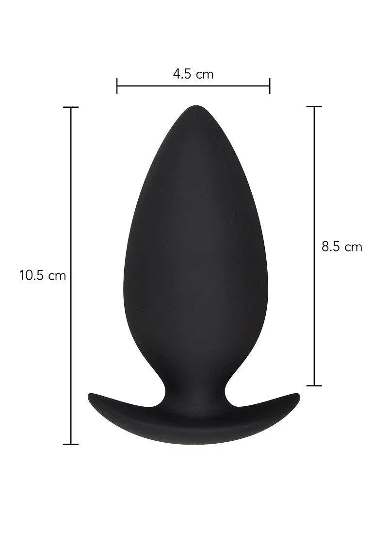 Black silicone butt plug with measurements, tapered shape and curved base, anal adult toy