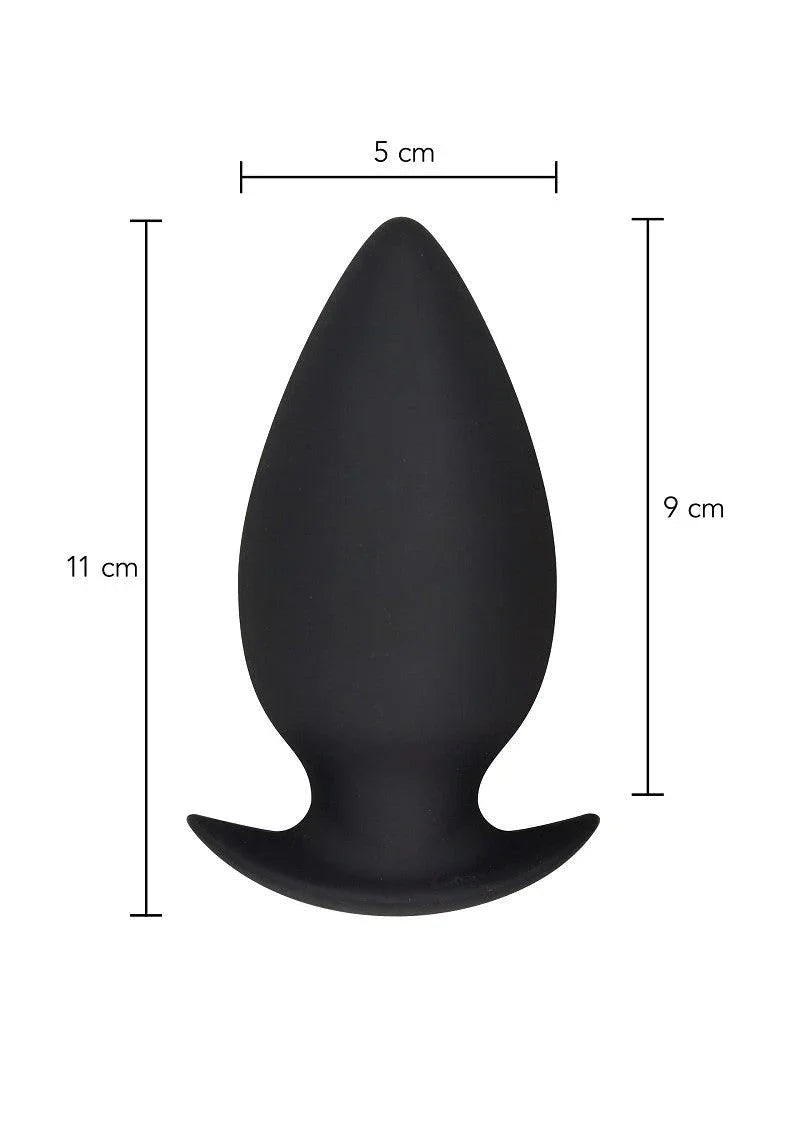 Black silicone butt plug with measurements labeled 11 cm height and 5 cm width, studio white background