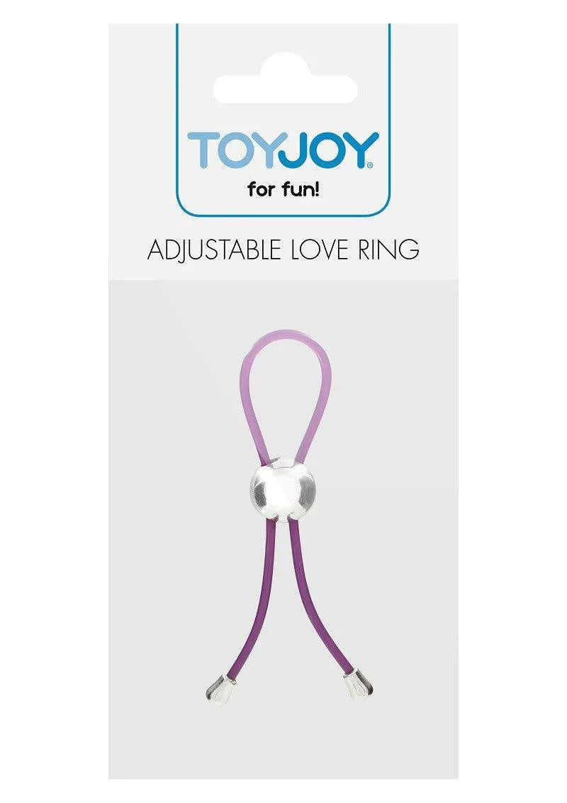 ToyJoy Adjustable Love Ring in purple with silver clasp, packaged on white card for adult fun