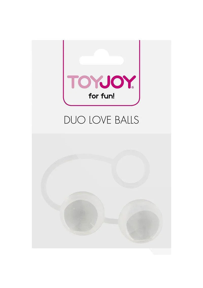 ToyJoy Duo Love Balls in clear packaging with white background, adult pleasure product for fun