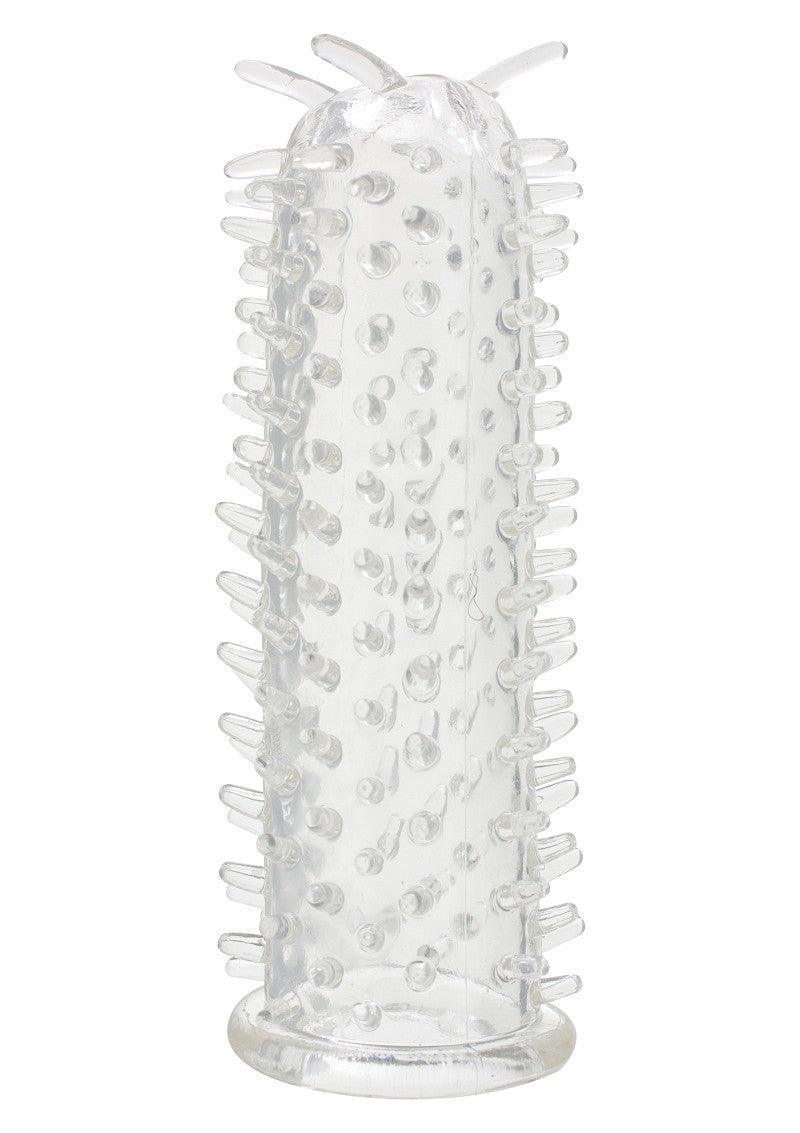 Transparent textured silicone sleeve with raised nubs and spikes, adult novelty accessory