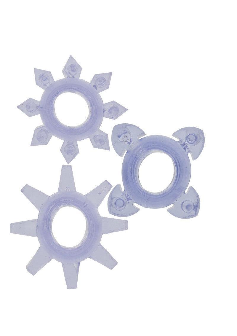 Set of three translucent purple silicone tickle rings with textured spike and petal designs