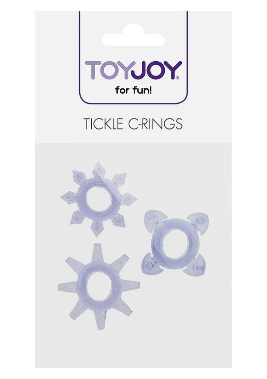 ToyJoy Tickle C-Rings package with three translucent purple textured cock rings for fun and pleasure