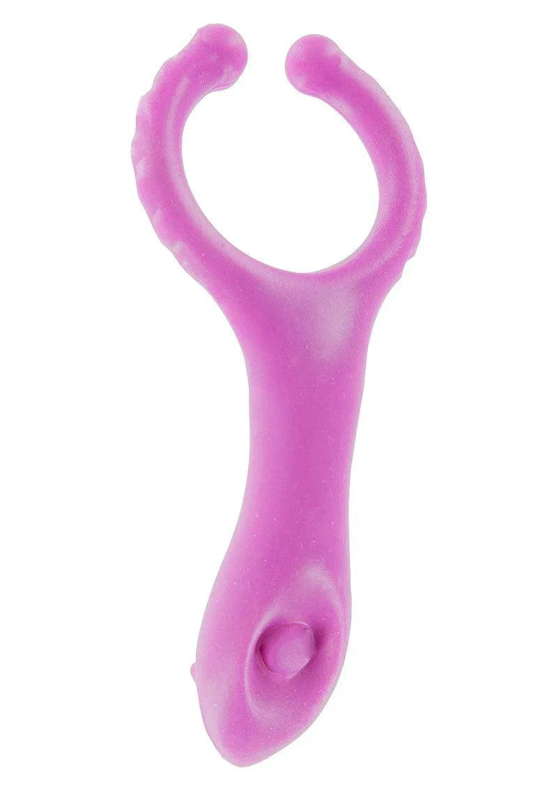 Pink vibrating clitoral stimulator and cock ring made of soft silicone with textured grips