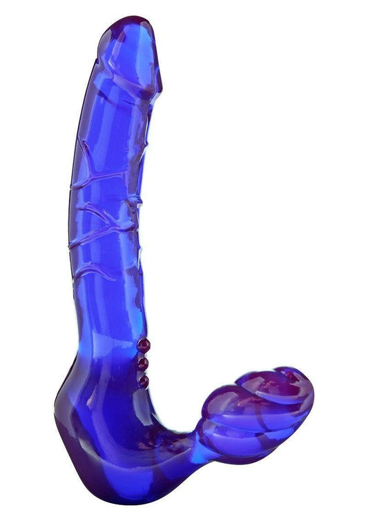 Blue glass strap-on dildo with realistic shape and textured details on white background