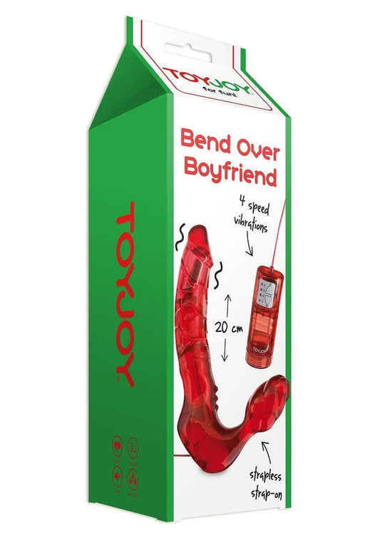ToyJoy Bend Over Boyfriend strapless strap-on vibrator box with red toy and remote control