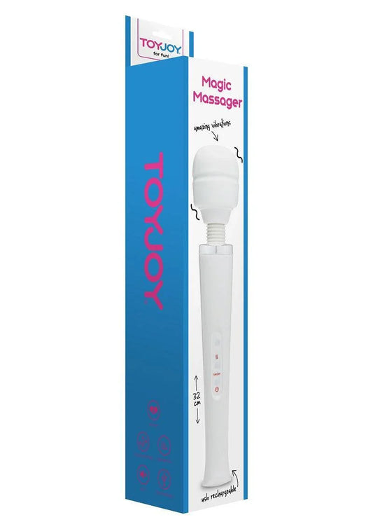 ToyJoy Magic Massager white wand in blue retail box with USB rechargeable feature