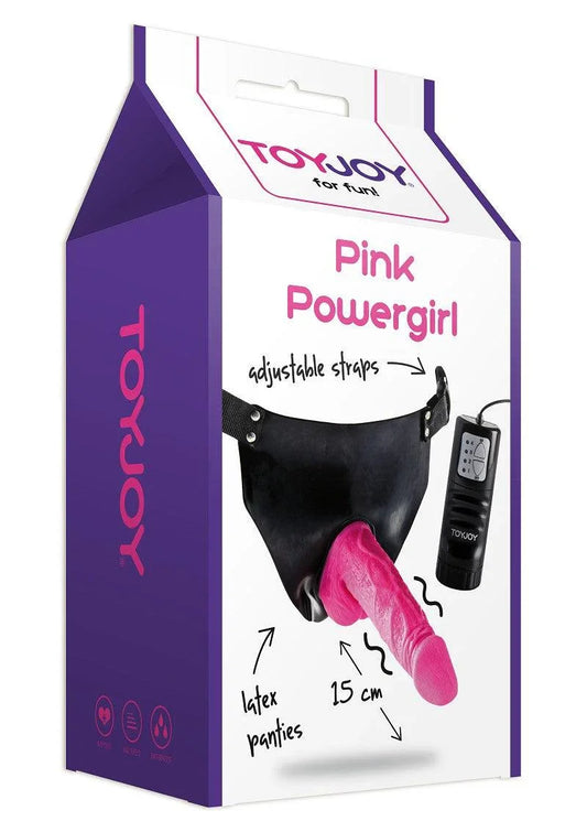 ToyJoy Pink Powergirl vibrating strap-on with adjustable straps, latex panties, 15 cm, boxed.