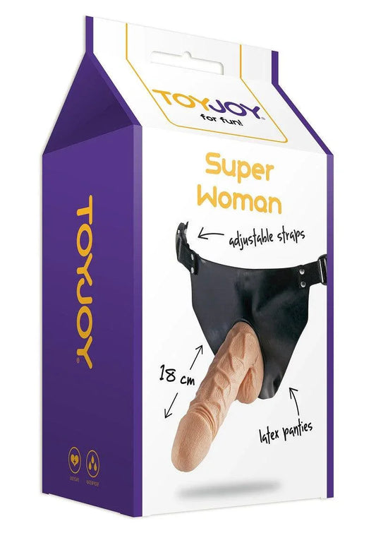 ToyJoy Super Woman strap-on dildo with adjustable straps and latex panties on product box