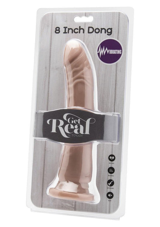 8 inch vibrating realistic dildo in clear plastic packaging with wood background and Get Real branding