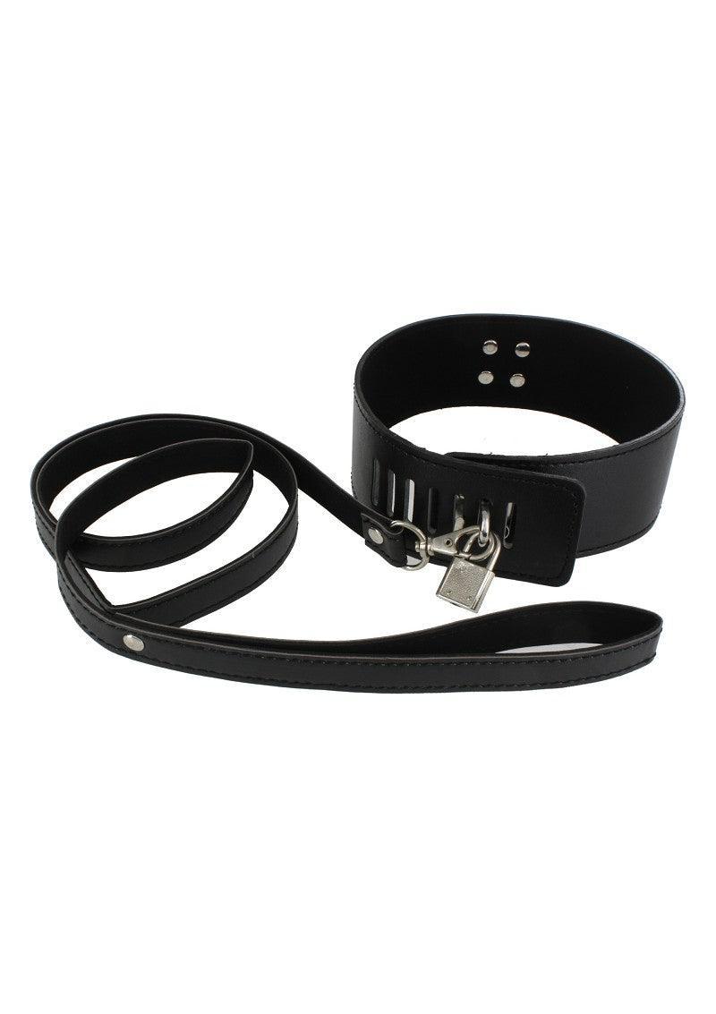 black leather BDSM collar with attached leash and small silver padlock on white background