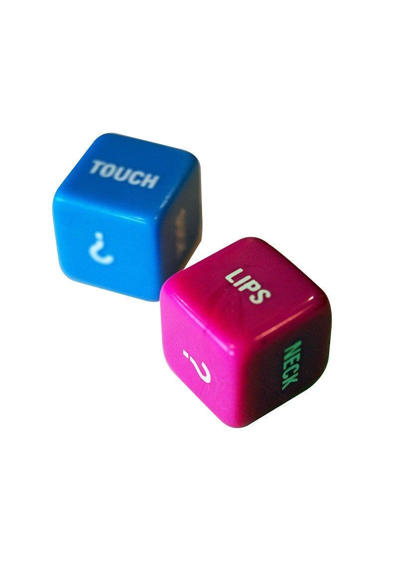 Blue and pink sensual dice with words like TOUCH, LIPS, and NECK for couples' intimacy games