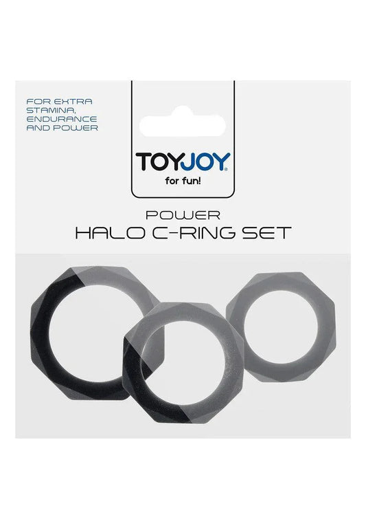 ToyJoy Power Halo C-Ring Set with three black textured rings for stamina and endurance