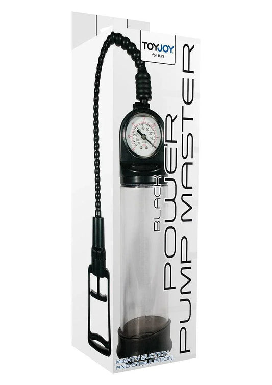 ToyJoy Black Power Pump Master with pressure gauge and flexible hose in packaging for suction and stimulation