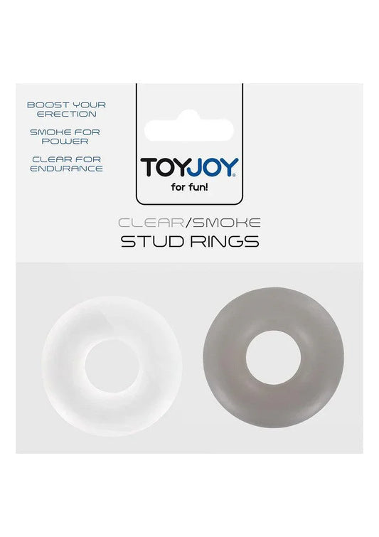 ToyJoy clear and smoke color stud rings packaging with erection and endurance benefits