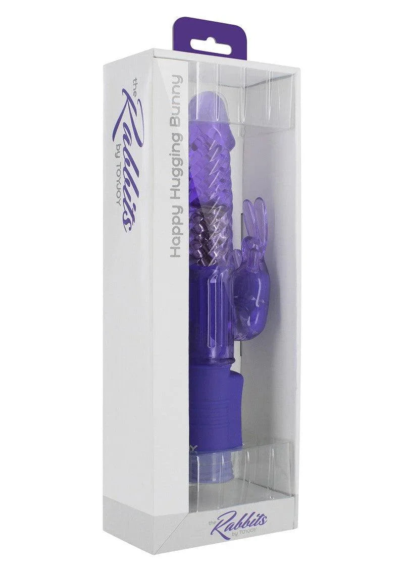 Purple textured Happy Hugging Bunny vibrator in clear white ToyJoy packaging