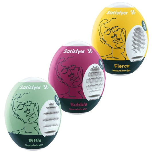 SATISFYER - 3 MASTURBATOR EGGS RIFFLE, BUBBLE & FIERCE - Happytoys Sexshop: online sex shop for Feeling Happy & Easy 😊 - Discreet geleverd
