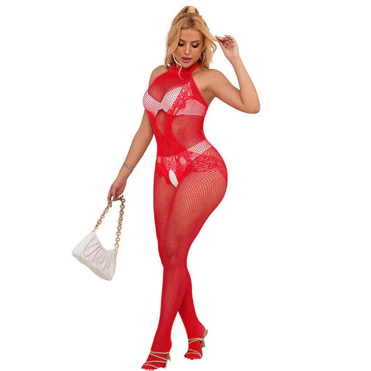 SUBBLIME - 952372 FISHNET AND LACE CROTCHLESS BODYSTOCKING WITH HIGH NECK RED ONE SIZE - Happytoys Sexshop: online sex shop for Feeling Happy & Easy 😊 - Discreet geleverd
