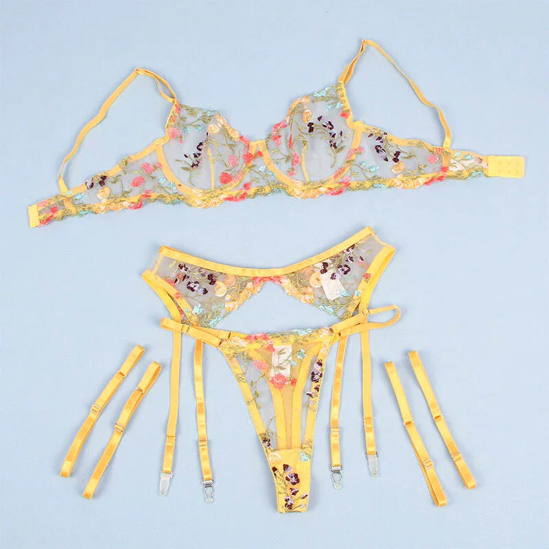 SUBBLIME - 954345 BRA + THONG + GARTER BELT FLORAL DESIGN YELLOW S/M - Happytoys Sexshop: online sex shop for Feeling Happy & Easy 😊 - Discreet geleverd