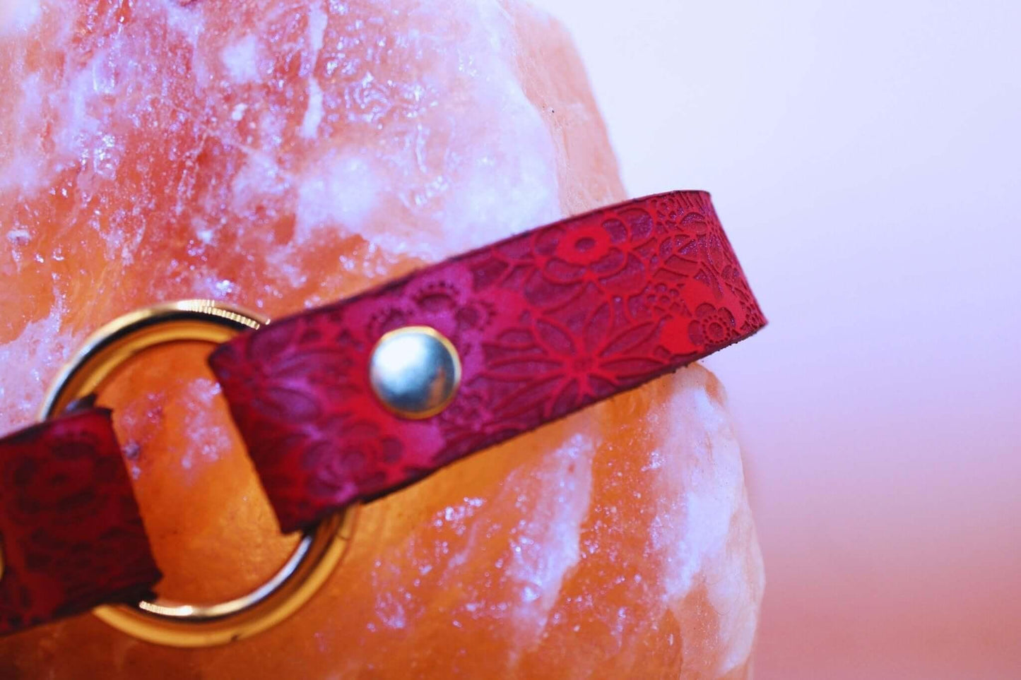 Red Floral Leather BDSM Collar with Gold O-Ring - Happytoys Sexshop: online sex shop for Feeling Happy & Easy 😊 - Discreet geleverd