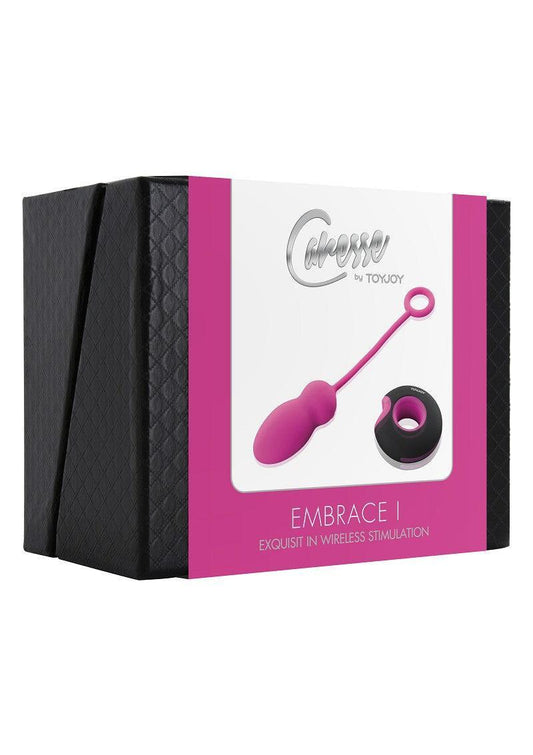 ToyJoy Caress Embrace I pink vibrator box with wireless remote on white and pink packaging