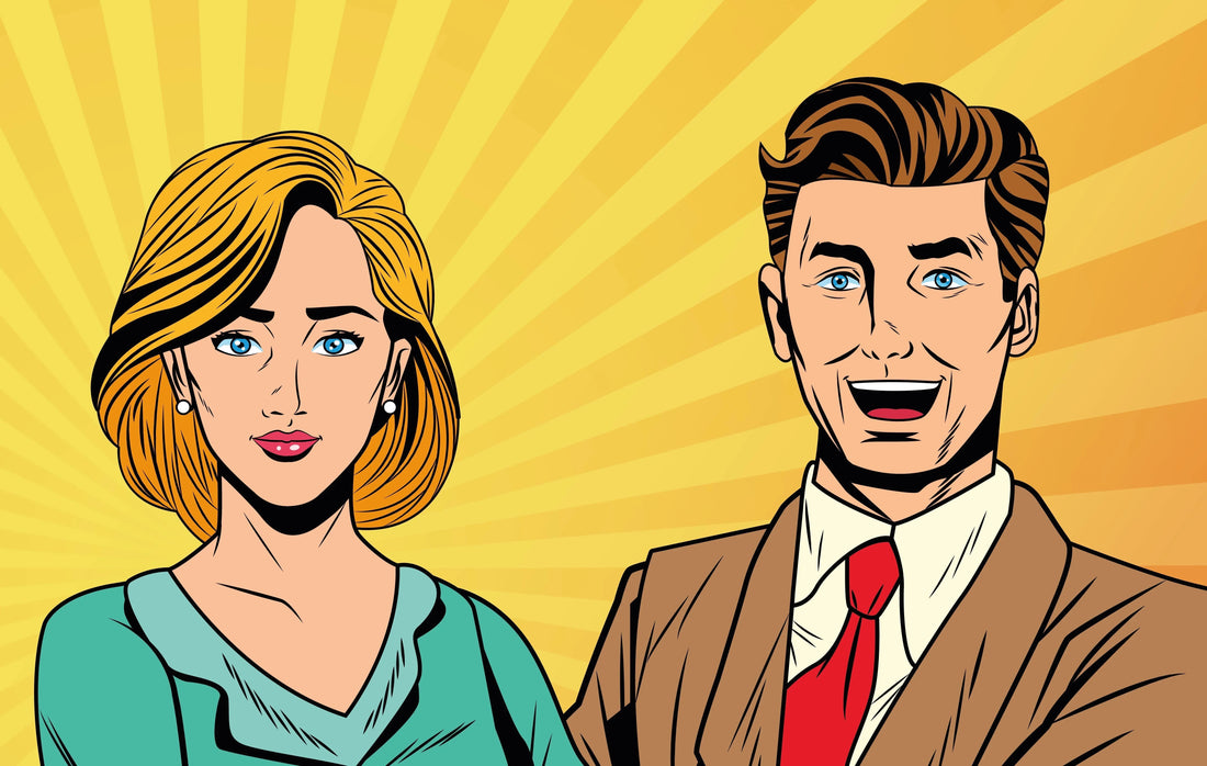 Pop art style illustration of a confident woman with blonde hair and a smiling man in suit with red tie on yellow background