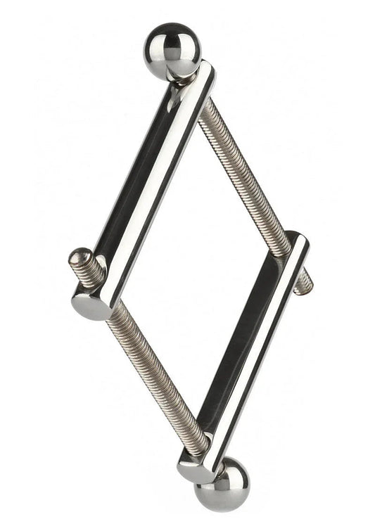 Polished stainless steel Gemini ball vise with adjustable threaded rods and ball ends on white background