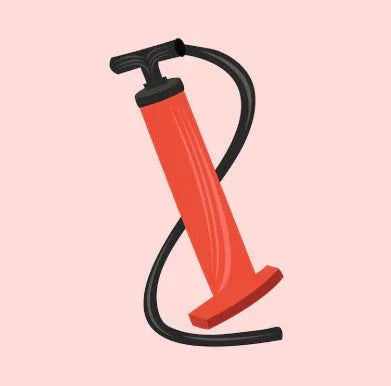 red hand pump with black hose on pink background, portable air pump tool