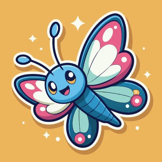 Cute cartoon blue butterfly with pink and teal wings on a yellow background with white sparkles