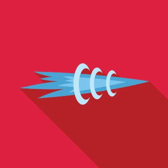 Blue rocket icon with three white rings on a red background casting a long shadow