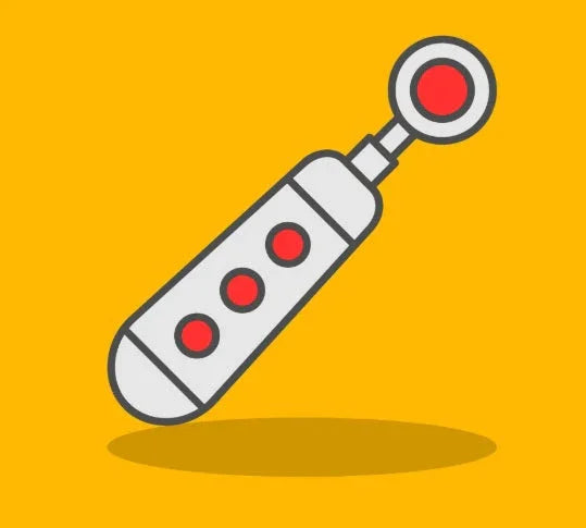 illustration of a white wand vibrator with three red buttons on yellow background with shadow