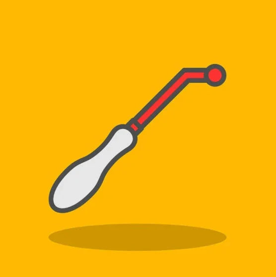 Cartoon drawing of an angled dental tool with white handle on yellow background
